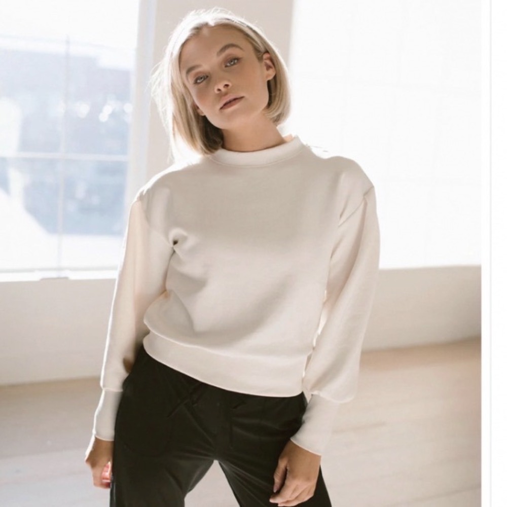 Albion Fit Puff Sleeve Neo Crop Sweatshirt Cream Small Crew Neck Pullover